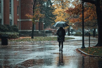 Wall Mural - A college student walks to class under an umbrella on a rainy day, dressed in a raincoat