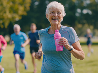 Poster - A group of happy senior people walking and jogging in the park, holding water bottles with sports drink in their hands