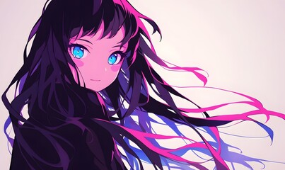 Wall Mural - anime style. Long-haired young anime woman, Generative AI