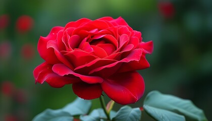 A splendid red rose flower, full of vitality and vitality, suitable for expressing a beautiful symbol of love and blessings.