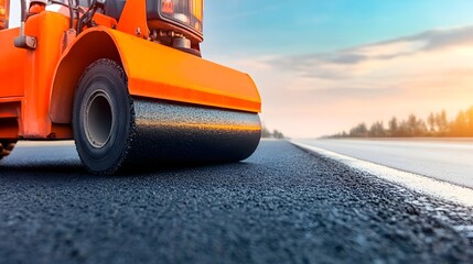 Steamroller Smoothing Fresh Asphalt on Highway Construction Site