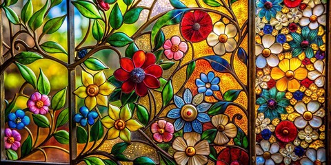 A close-up photo of a vibrant colored glass pane with a floral design