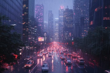 Canvas Print - Raining in a City with Skyscrapers and Traffic