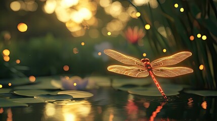 Wall Mural - Golden Dragonfly Perched on a Water Lily Pad