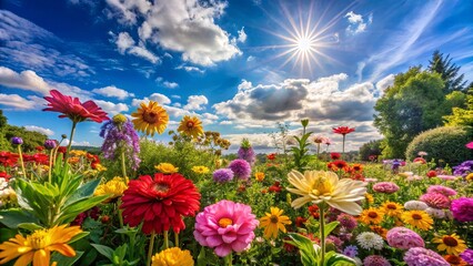 Vibrant flowers in lush garden under sunny sky