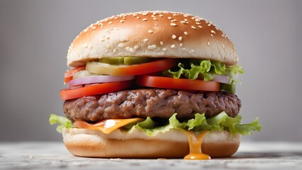 Wall Mural - A hamburger with lettuce and tomato on top of a bun