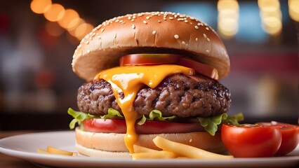 Wall Mural - A large hamburger with cheese and tomato on a white plate