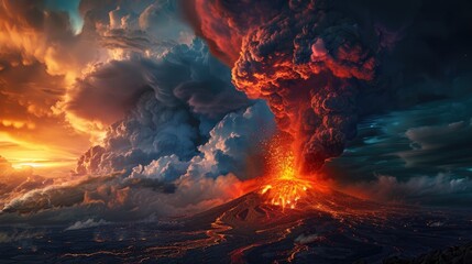 Wall Mural - A large volcanic eruption releasing ash gas and molten lava into the sky while casting a fiery glow on the dark clouds