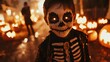 © Rustam - Close-up of a young boy in a skeleton costume with glowing face paint, standing on a Halloween-themed street with flickering lanterns behind him, looking directly into the camera with a playful grin.