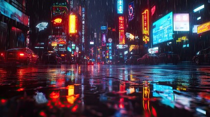 Poster - Neon-lit cityscape reflecting in a rain-soaked street