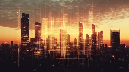 Canvas Print - Cityscape at Sunset with Digital Overlay