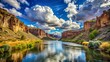 © Triple P - Scenic river flowing through canyon near rocky cliff under blue sky with clouds
