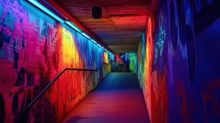 Sticker - Neon-lit Graffiti Tunnel with a Handrail and Concrete Floor