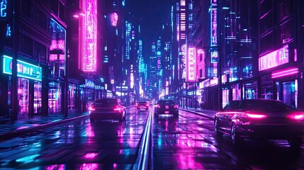 Sticker - Cyberpunk City Street with Neon Lights and Cars