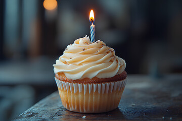 Wall Mural - Delicious birthday cupcake on table on light background, birthday cupcake with one candle, beautiful