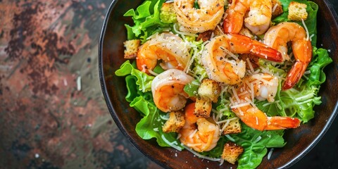 Wall Mural - Top view of Italian Caesar salad with shrimp croutons and parmesan