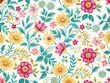 © Adisorn - Delicate interlocking flowers and leaves in shades of pink, yellow, and turquoise dance across a crisp white background, creating a whimsical and elegant floral pattern.