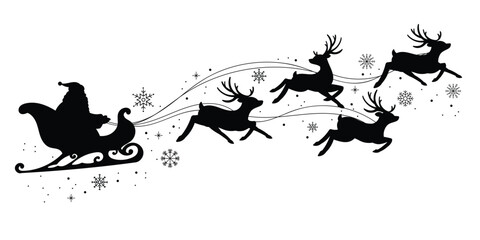 Poster - Santa Claus on sleigh flying sky with reindeers black vector silhouette on white background. illustration design for winter holiday decoration, Christmas greeting card and Happy new year.