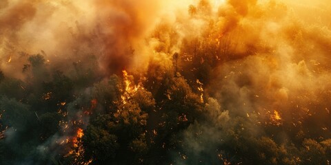 Poster - Aerial view of spring grassland and forest engulfed in large flames and smoke