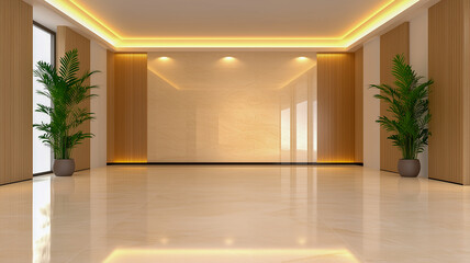 Wall Mural - A large, empty room with polished floors and ambient lighting. 