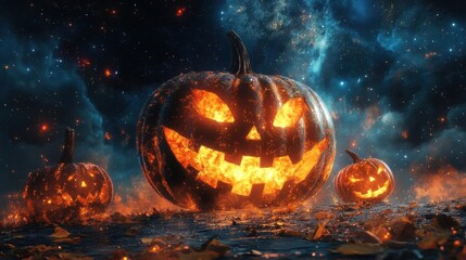 Glowing Jack-o'-lantern pumpkins against a starry night sky.