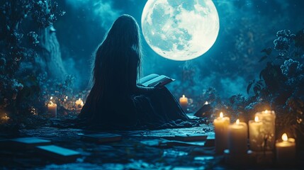 Witchcraft Under Moonlight: Woman, Book, and Ritual Candles