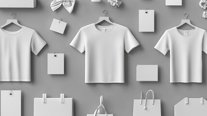 Minimalist display of blank apparel and packaging on a gray background, perfect for branding and design applications.