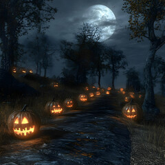 Wall Mural - Jack o Lantern Path Through Forest on Halloween Night