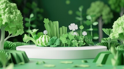 Wall Mural - Creative product display with a white round podium adorned with 3d paper vegetables and flower paper on a green background