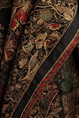 Wall Mural - Black Fabric with Gold and Red Embroidery Closeup