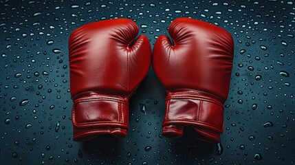 Wall Mural - Red Boxing Gloves in Dark Scene with water drops. ai generated image.