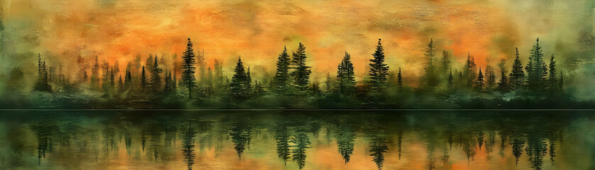 Wall Mural - Silhouetted Pine Trees Reflected in Tranquil Lake at Sunset