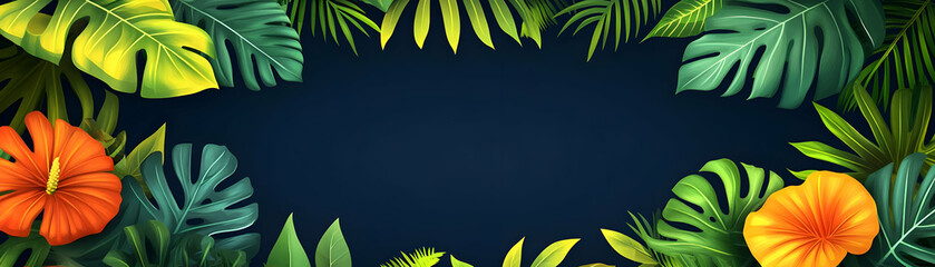 Wall Mural - Tropical Leaves and Flowers Border on Dark Background