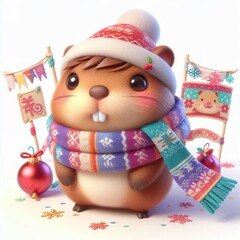 Wall Mural - cute 3d fluffy capybara character with colorful style scarf, white background, new year theme