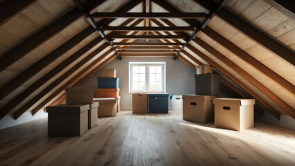 Spacious attic with storage boxes background