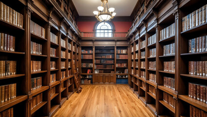 Traditional library with wooden shelves background