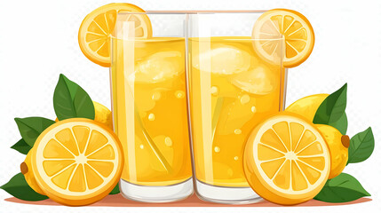 Two Glasses of Lemonade with Lemon Slices and Leaves