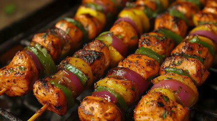 Wall Mural - Grilled Salmon Skewers with Peppers and Onions