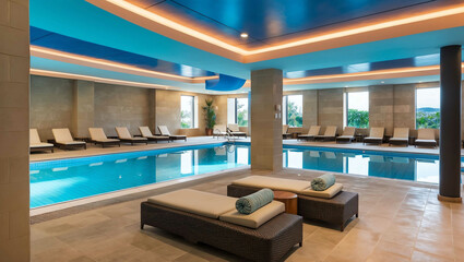 Sticker - Indoor pool area with lounge chairs background