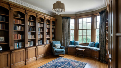 Wall Mural - Library with bay window and curtains background