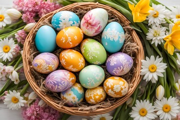 Wall Mural - A basket filled with colorful easter eggs decorated with intricate patterns and surrounded by fresh, Ai Generated