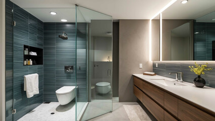 Sticker - Modern bathroom with glass shower background