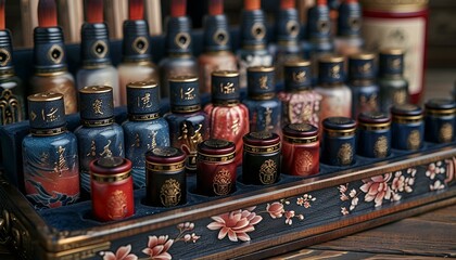 a group of small bottles on a shelf. 