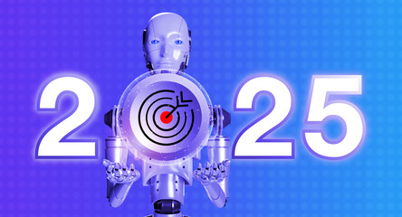 AI futuristic robot humanoid portrait holding big 3d target icon with 2025 calendar numbers on blue gradient background. Happy new year, business goal and technology with artificial intelligence.