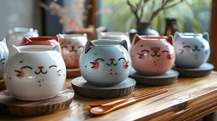 a group of ceramic cats shaped objects. 