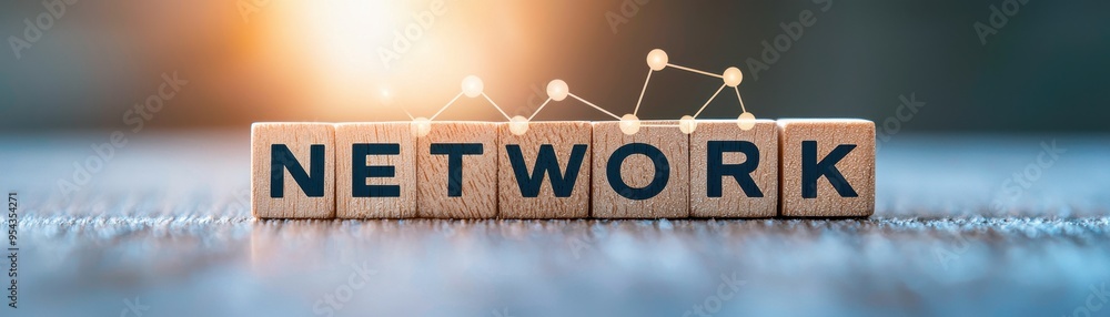 Network text in wooden block letters with illuminated connection points ...
