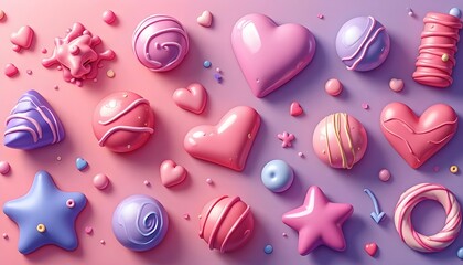 Sticker - Bubble gum splashes mega set elements in flat graphic design. Bundle objects of pink and purple chewy sweet candies, jelly stains, slimy stripes, gummy and sticky stretchy forms. Vector illustration