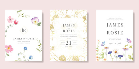 Wall Mural - elegant wedding invitation card background vector. minimal hand painted watercolor botanical flowers