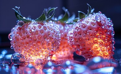 Poster - a group of strawberries with water droplets on them. 