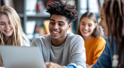 Wall Mural - A group of young people in an office setting, with one person using the laptop and others smiling at them as they work together on digital marketing projects. 